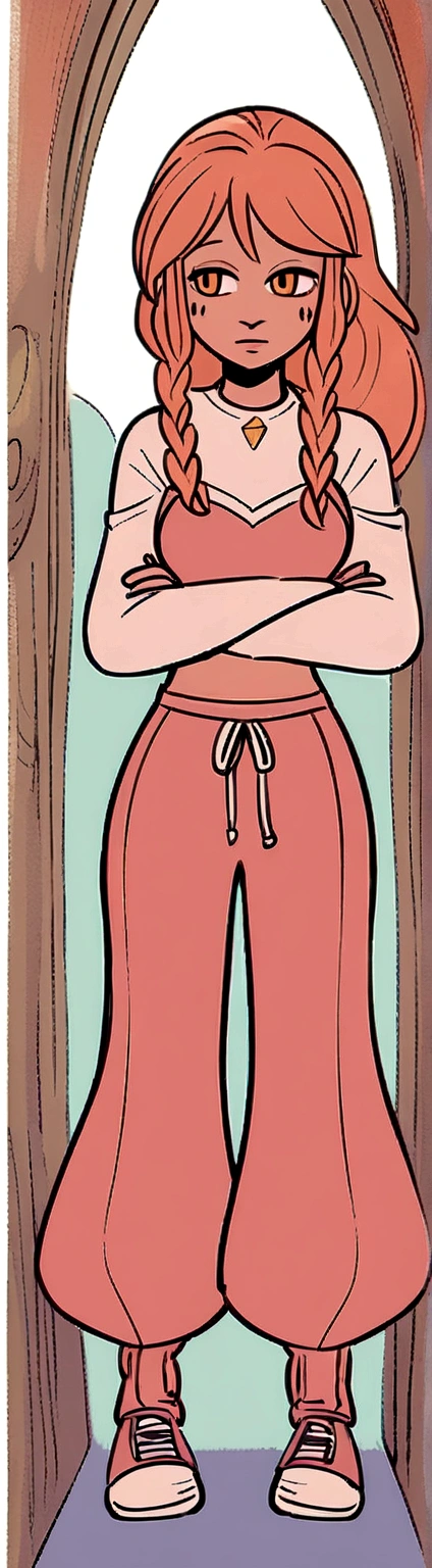 a cartoon of a woman with long hair and braided on both sides, illustration inspired by Dulah Marie Evans, artistry. Her outfit is sweatpants and a long-sleeved shirt..