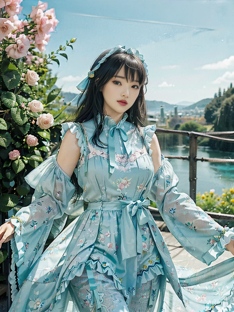 (​masterpiece、top-quality、top-quality、Official art、Beautifully Aesthetic:1.2)、(One girl:1.3)、A highly detailed、(Fractal Art:1.1)、(colourfull:1.1), (florals:1.3)、The most detailed、(Zentangle:1.2)、full body Esbian、(Blue sky and rose garden:1.3)、(shinny skin)、(Many colors:1.4), (pluma:1.5)、​masterpiece、top-quality、top-quality、Official art、Beautifully Aesthetic:1.2)、(1girl in)、ighly detailed、(Fractal Art:1.3)、colourfull、highestdetailed、long、A dark-haired、big eye、Women in Japan、(Ruffle frills, extremely detailed Chiffon Lace Ribbon Suspenders, (turquoise blue and yellow Stripe Design Pastel Coloring extremely detailed dress),extremely detailed Big Ribbon Headband, extremely detailed Open Colorborn, extremely detailed puff sleeves, extremely detailed Tied thin ribbon corset, extremely detailed Balloon skirt, extremely detailed White Net Tights, Colorful star-shaped bead accessories)、Cute table、Drinking tea、Tea、teapot、macaroons, You can see the castle behind