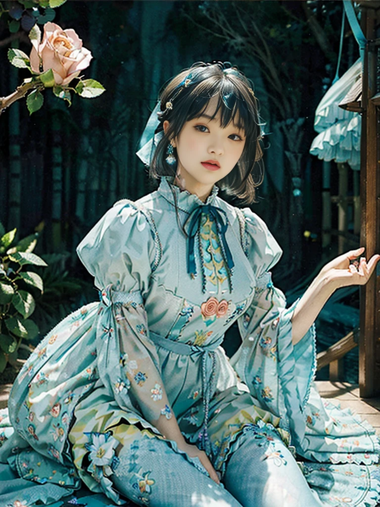 (​masterpiece、top-quality、top-quality、Official art、Beautifully Aesthetic:1.2)、(One girl:1.3)、A highly detailed、(Fractal Art:1.1)、(colourfull:1.1), (florals:1.3)、The most detailed、(Zentangle:1.2)、full body Esbian、(Blue sky and rose garden:1.3)、(shinny skin)、(Many colors:1.4), (pluma:1.5)、​masterpiece、top-quality、top-quality、Official art、Beautifully Aesthetic:1.2)、(1girl in)、ighly detailed、(Fractal Art:1.3)、colourfull、highestdetailed、long、A dark-haired、big eye、Women in Japan、(Ruffle frills, extremely detailed Chiffon Lace Ribbon Suspenders, (turquoise blue and yellow Stripe Design Pastel Coloring extremely detailed dress),extremely detailed Big Ribbon Headband, extremely detailed Open Colorborn, extremely detailed puff sleeves, extremely detailed Tied thin ribbon corset, extremely detailed Balloon skirt, extremely detailed White Net Tights, Colorful star-shaped bead accessories)、Cute table、Drinking tea、Tea、teapot、macaroons, You can see the castle behind