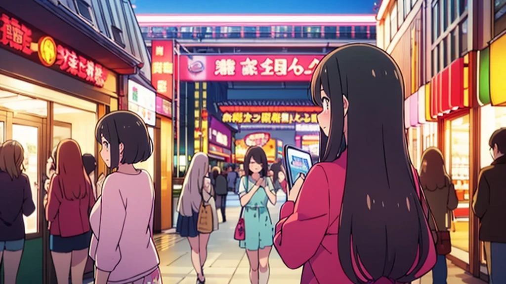 girl in short dress long stockings on akihabara street tanuki blush on cheeks