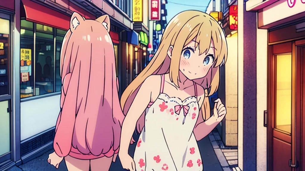 girl in short dress long stockings on akihabara street tanuki blush on cheeks
