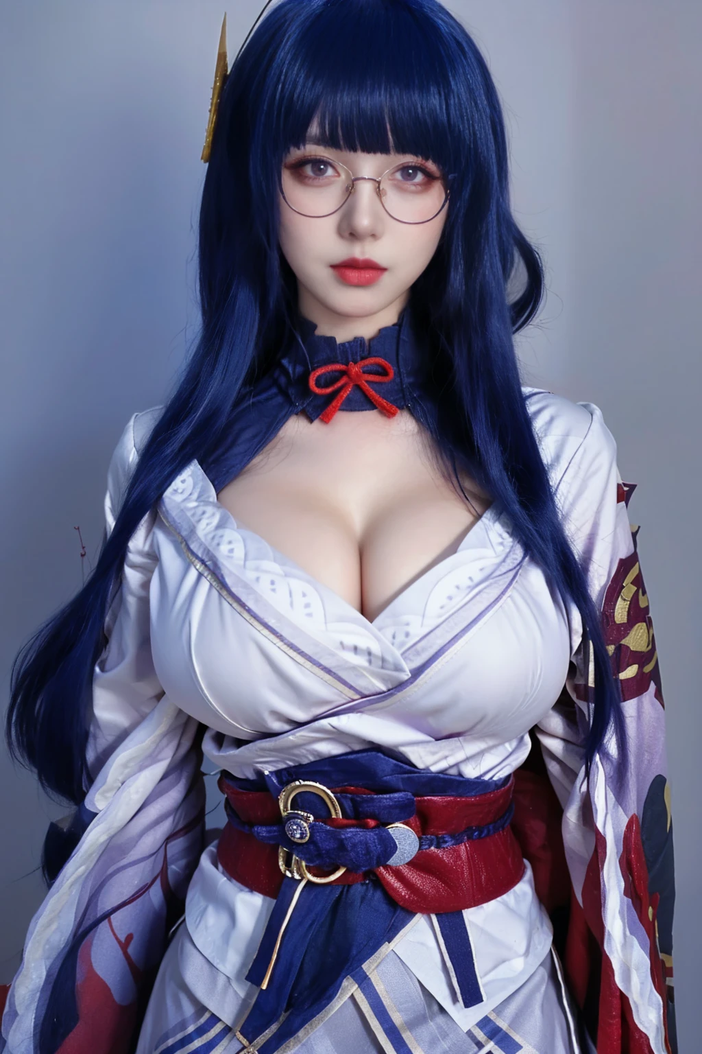 best quality, tmasterpiece,Ultra-high resolution,Clear face,(Reality:1.4),ferpect lighting,(upper body shot), (photorealistic:1.50), anime wallpaper, Guviz style artwork, cover-up fantasy up to magic , by Yang J, Guviz, beautiful artwork illustration, beautiful digital artwork, beautiful digital illustration, Li Song, beautiful anime portrait, art style in Beauvot, Raiden General Nice outfit White outfit Blunt bangs Braided (middle bust: 1.4) cleavage Kimono sleeve width Hair accessories Daily wear (Red belt: 1.4) (light purple hair: 1.4) Very long hair, straight hair, delicate face, cold face, (smooth chin: 0.85), staring audience, beautiful eyes, purple eyes, eye details, skirt, bright lighting, front lighting, (((super giant breasts: 1.7))), ((Sagging breasts:1.5)) (Cleavage:1.5), (open chest), (Bare chest), Breast nipples, Indoor background, (Glasses), (Wearing glasses:1.3),