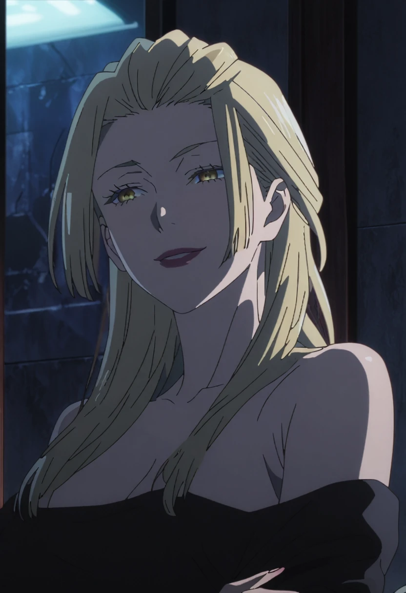 1girl, female gojo satoru, anime screencap from jujutsu kaisen, gojo satoru female version, solo, long_hair, Golden eyes ((Blonde hair)), night view, breasts, upper_body, smile, indoors, book, bangs, Golden_eyes, lips, (slicked back) ((wearing off the shoulder outfit)), breast, "very detailed and high resolution" (Golden eyes) ((cross arms))  ((long hair)) ((solo)) (front view)