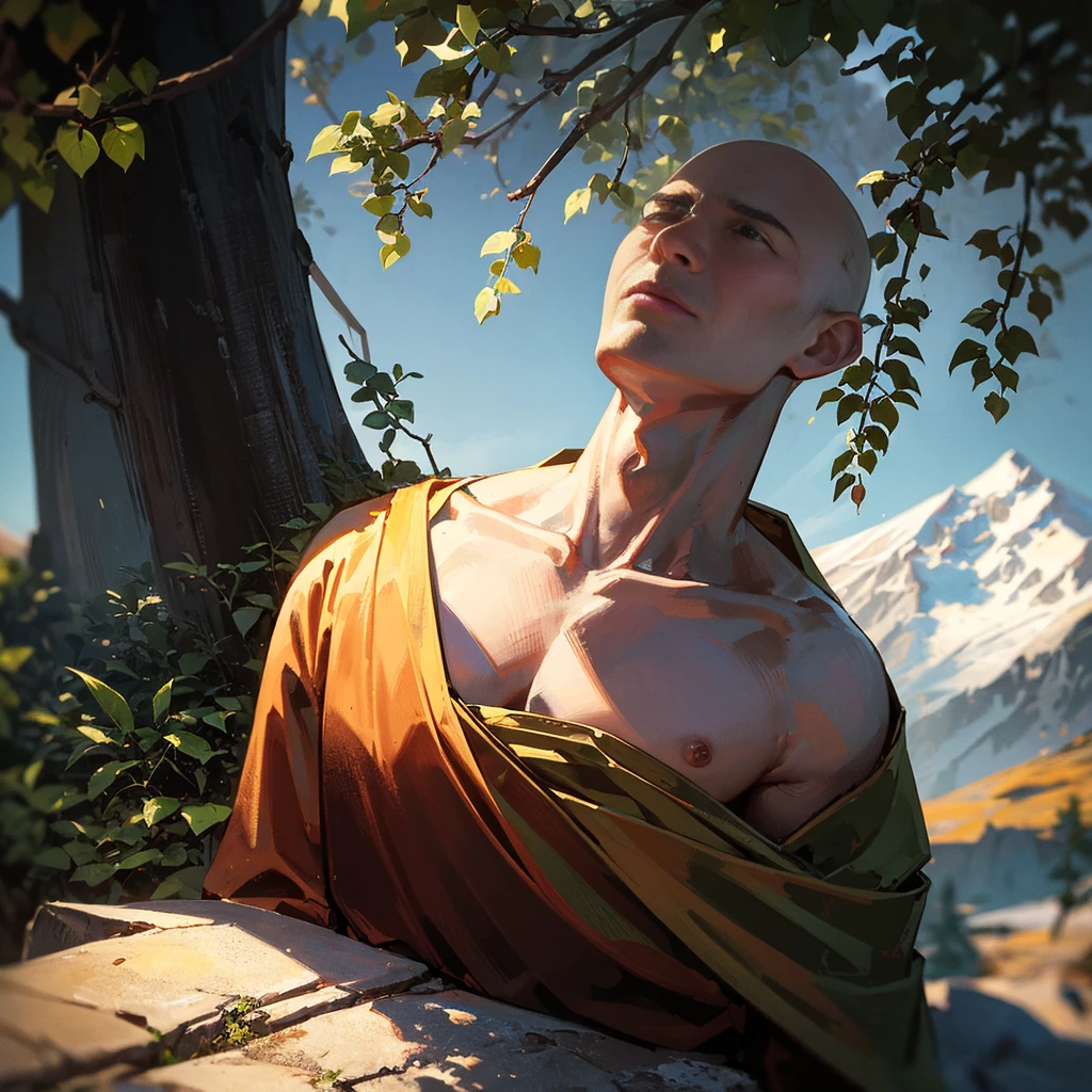 a bald old monk meditating under a tree on a high mountain, mountains big and small in the background as far as the eye can see, calm atmosphere, healing the mind, detailed portrait, intricate details, cinematic lighting, dramatic shadows, harmonious color palette, photorealistic, masterpiece