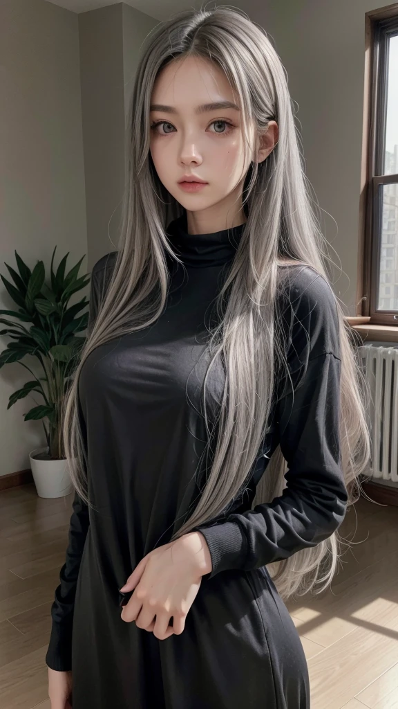 a tall girl, very long gray hair, grey eyes, pear body, black clothes clinging to the body, in a room