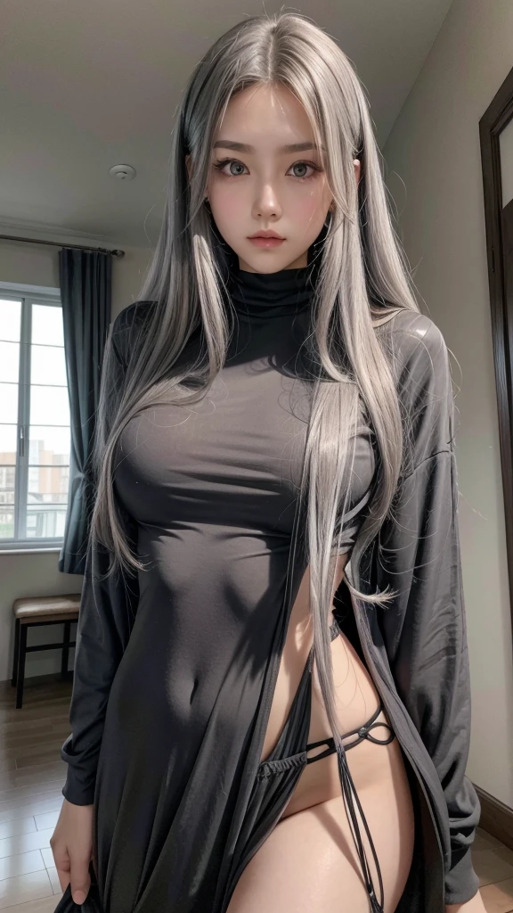 a tall girl, very long gray hair, grey eyes, pear body, black clothes clinging to the body, in a room