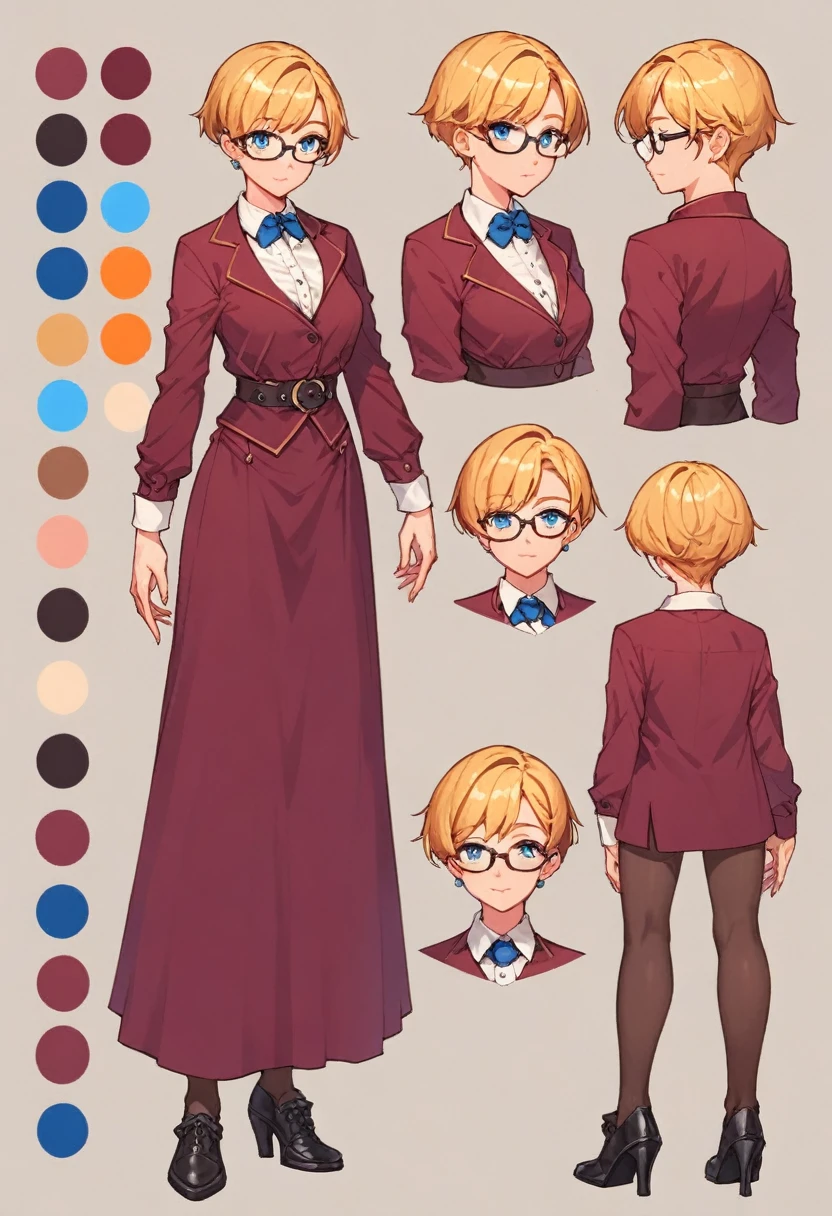 score_9, score_8_up, score_7_up, score_6_up, score_5_up, score_4_up, BREAK source_anime, 1girl, female witch short blonde hair, blue eyes, thin rimmed glasses, creative design, full body, Reference sheet, Character sheet