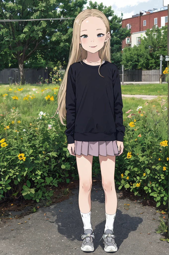 best quality, masterpiece, detailed,2d,flat color, 1girl,,petit,,outdoor,(short miniskirt),blonde,long hair,forehead,socks,,shoes