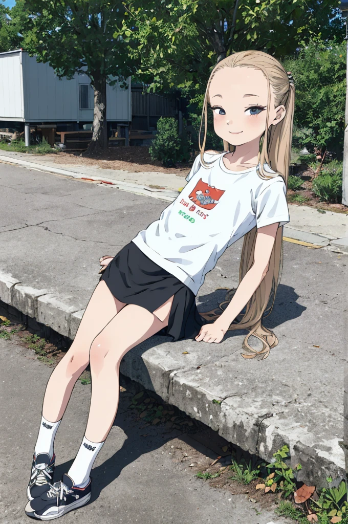 best quality, masterpiece, detailed,2d,flat color, 1girl,10yo,petit,,outdoor,(short miniskirt),blonde,long hair,forehead,socks,,shoes