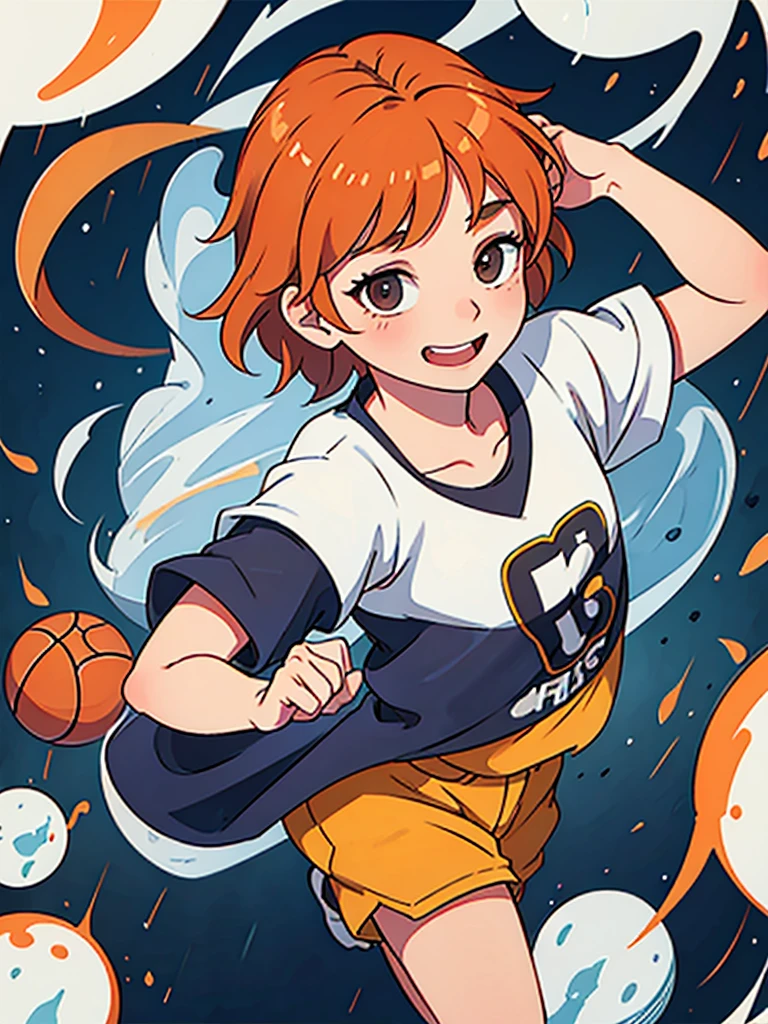 An athletic young-looking boy with short orange hair, a wide smile on his face, a somewhat full face, wearing basketball team clothes.