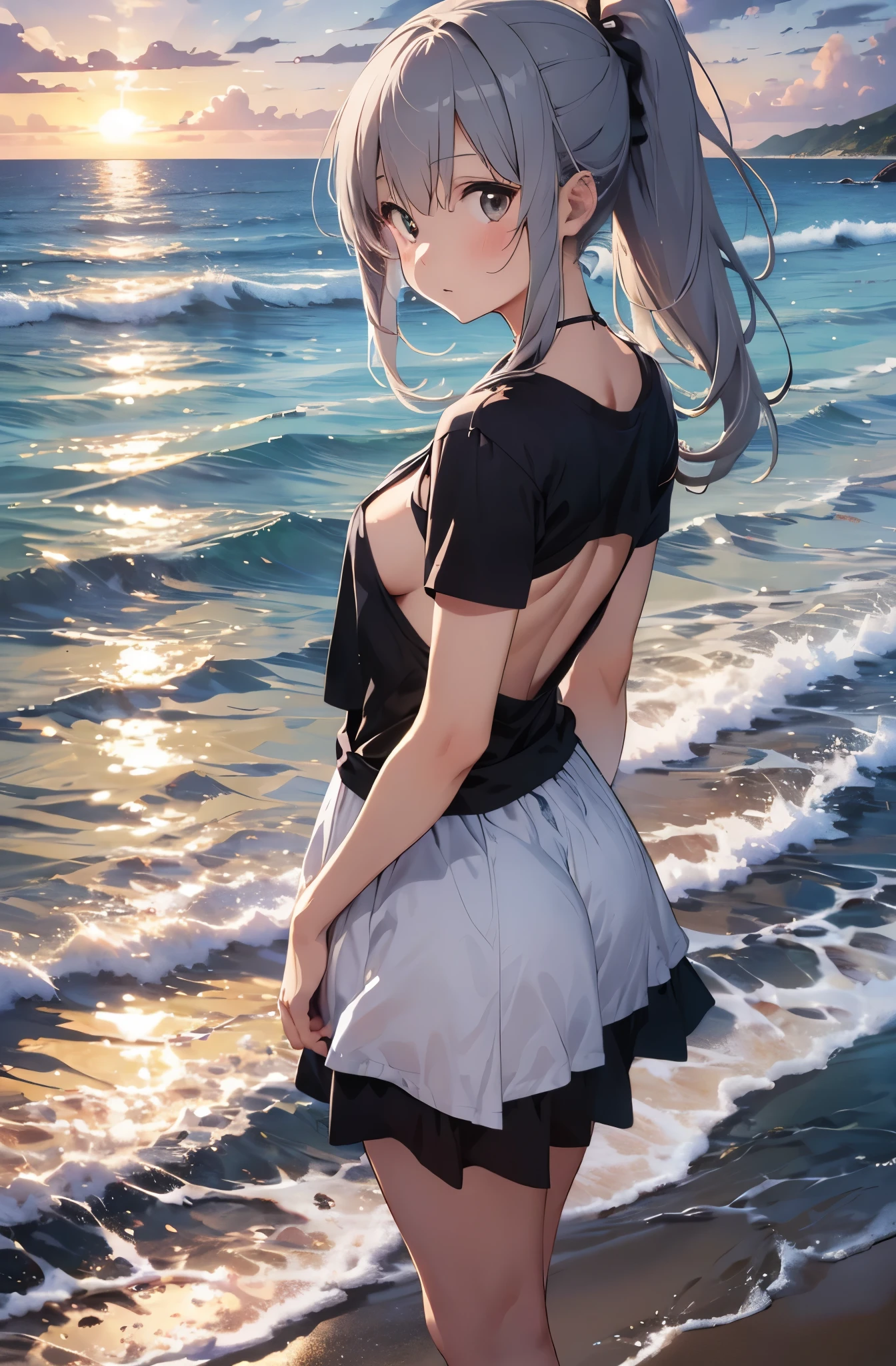 Silver-haired girl drawn in high resolution Japanese anime style、Standing alone on the white sand beach of a deserted island。She is topless、topless、Her hair is in a ponytail that sparkles in the light.....。The sea in the background shines emerald green.....、The beach is littered with shells and pebbles.、time々、Small waves gently wash up on the shore。Tropical wood々Swaying in the Wind、Mr.....々Among the branches々Birds are singing..。wood々Colorful flowers blooming in abundance、The entire island is filled with abundant nature.....。On the horizon of a distant sea、The setting sun casts a beautiful orange glow over the ocean.、It gives the whole place a mystical feel.....。、Wakame seaweed、Wakame seaweed、Wakame seaweed、Wakame seaweed、Wakame seaweed、Wakame seaweed、