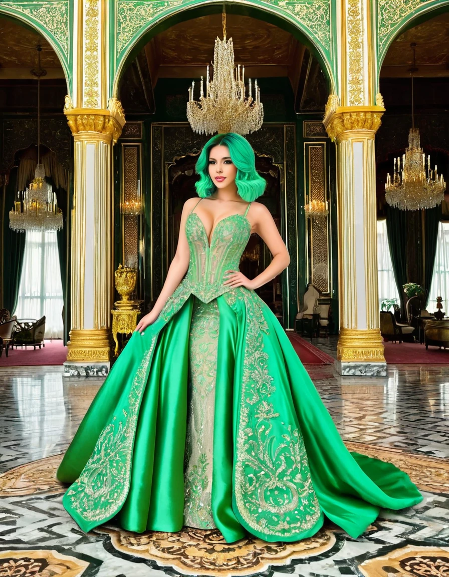 A woman with green hair, dressed in an elegant ball gown, standing in a grand palace with opulent decor and royal furnishings.