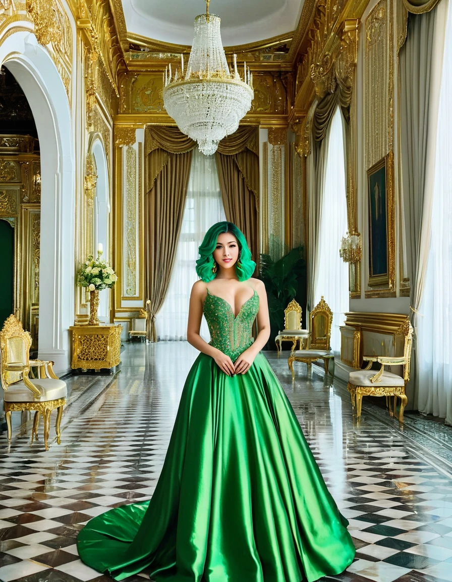 A woman with green hair, dressed in an elegant ball gown, standing in a grand palace with opulent decor and royal furnishings.