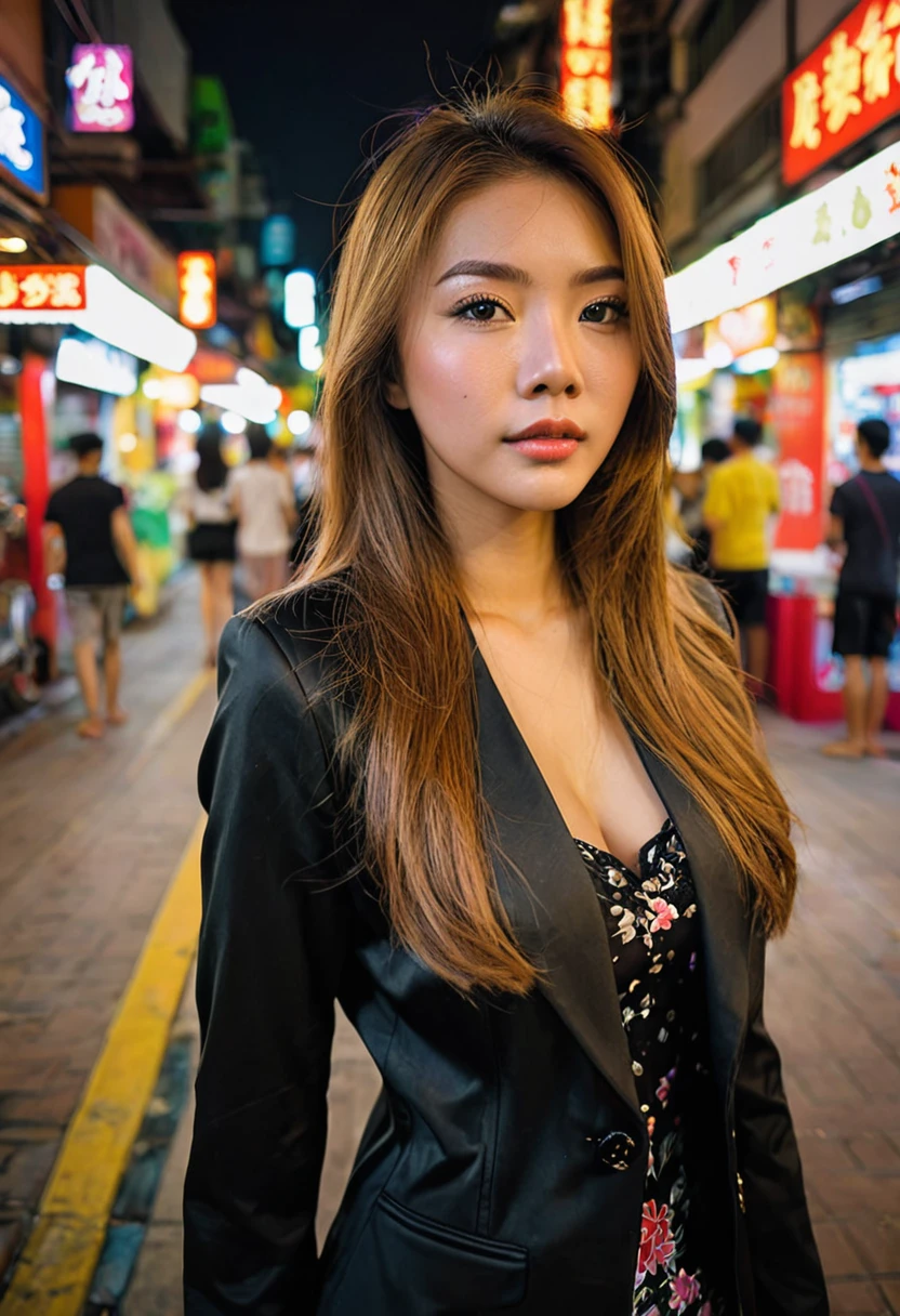 Portrait, A MagMix Girl, brown long hair, big breast, black jacket, china town, bangkok, wide angle, night scene,