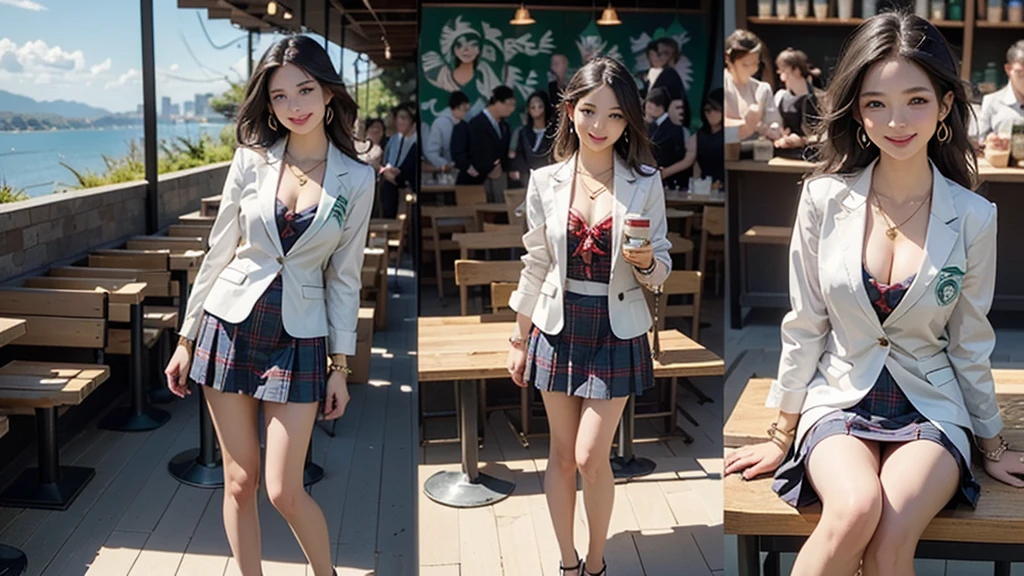 8K、RAW Photos、Highest quality、Super detailed、Super Resolution、Ultra HD、8K壁紙、Amazing details blazer uniform girl ((White blouse with formal collar, Blue Blazer, 
Red Check Skirt, Red checkered ribbon on blouse)), Complete limbs, Full Finger, 
(((((Starbucks)))))、((((Cafe bench with sea view))))(( female student))、( cake、Drink coffee、smile)))))、(((Heart Necklace、Gold bracelet)))
(((Emphasize cleavage)))

((((Full body photo、The whole body is visible、Full body portrait))))
