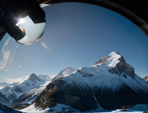   icy mountains snowy place, the astronaut uses binoculars to observe( front image) 