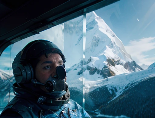 icy mountains snowy place, the astronaut uses binoculars to observe( front image)