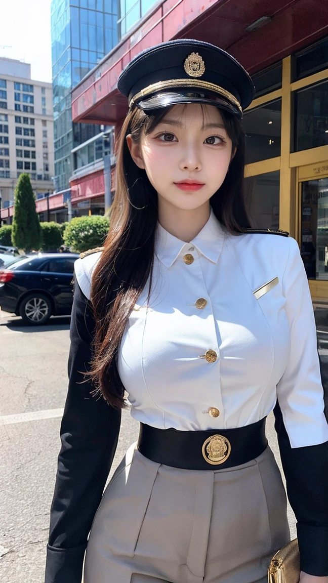 最high quality, masterpiece, 32k、Very detailed、Realistic、1 Girl, Japanese women、Black and gold military uniformのコスチューム、upscale, Futuristic, Sexy Costumes, Black and gold military uniform、US Army uniform hat、Attractive K-Pop idol-style outfits、Black and gold military uniform、Class seal、Black and gold military uniformの帽子をかぶっている(military uniform hat), Cute face, (photo Actual:1.3),Edge lighting, (Skin with attention to detail:1.2), 8K超High resolution, Single-lens reflex camera, high quality, High resolution, 4K, 8K, Optimal ratio of four fingers to one thumb, (Actual:1.3), cute 1 Girl, Realistic、Super Realistic、32k、Very detailed、masterpiece, 最high quality, beautiful girl, beauty、Gorgeous girl, Big Breasts、Big Breasts、Big Ass, Tight waist, Spread your legs, Plenty of facial detail, City of the Future, Very detailedな, High resolution, masterpiece, high quality, High resolution,