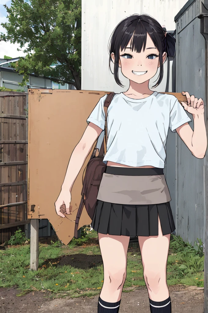 best quality, masterpiece, detailed,2d,flat color, 1girl,10yo,petit,grin,outdoor,(((miniskirt))),socks,
