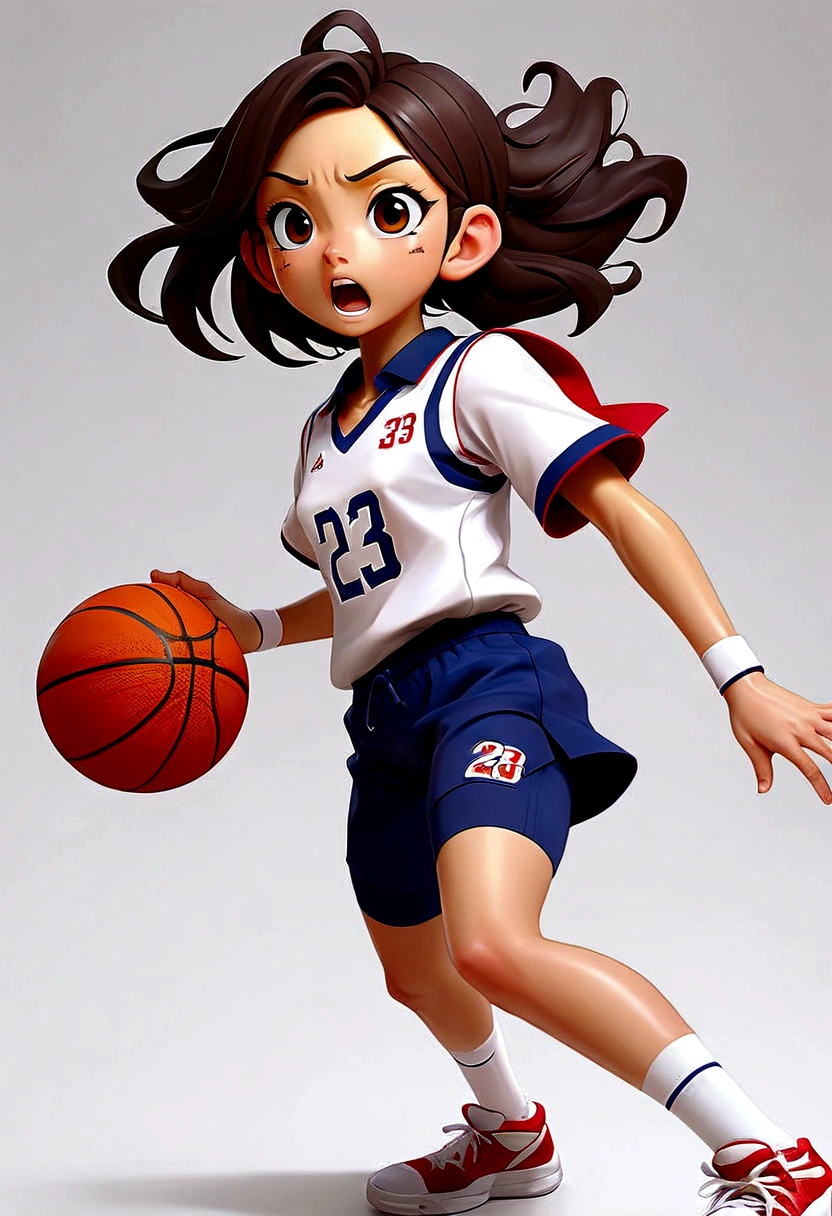 Create images in Japanese anime style. Full body image of teenage girl wearing basketball uniform. of the Japanese national team, number 23, tight shorts, looks sexy ((basketball jump shot)), floating figure, bottom corner image, without any other elements. in the white background