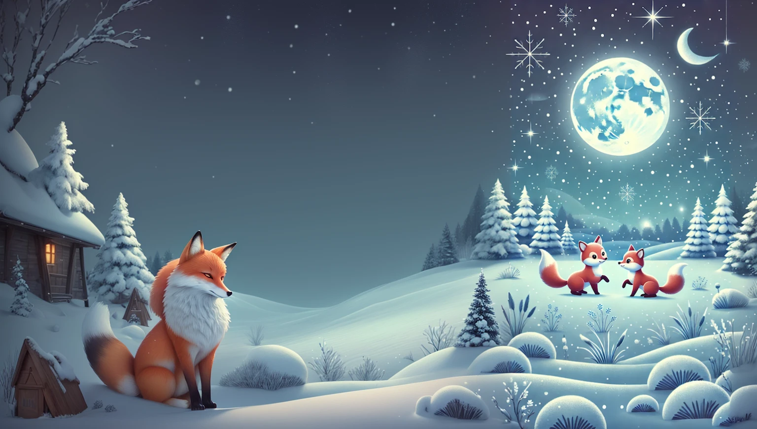 figure of two Fox in a snowy landscape with a full moon, ファンタジーFoxの愛, cute digital art, cute detailed digital art, Background Artwork, Fox, cute figure, cute artwork, Background Art, Snowy winter Christmas night, figure!, a beautiful artwork figure, game figure, moonlight snowing, Beautiful digital art, stylized digital figure, cute, cute fox, 3 0