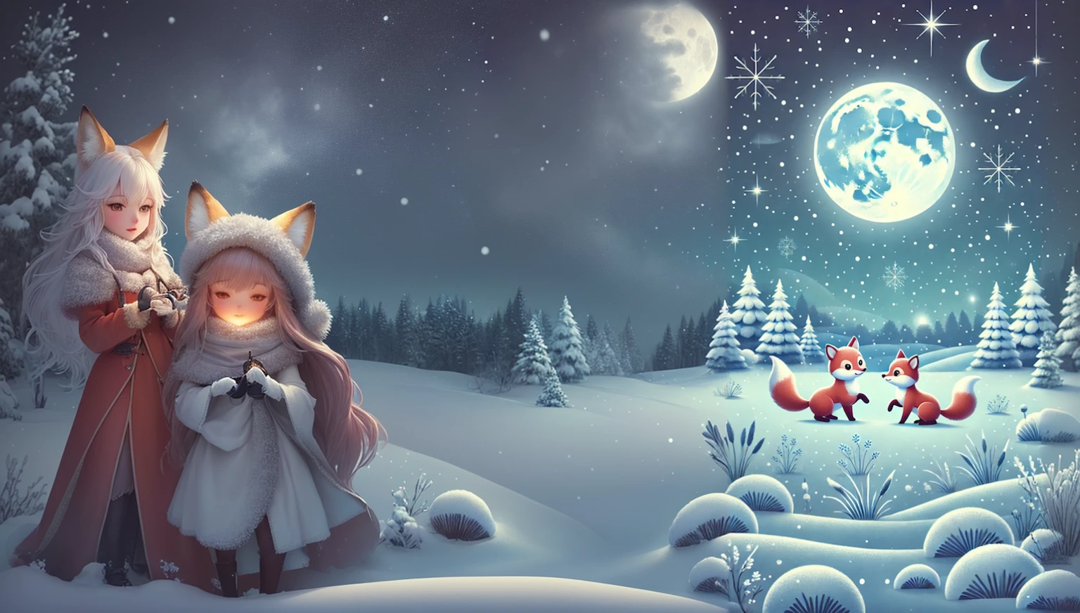 figure of two Fox in a snowy landscape with a full moon, ファンタジーFoxの愛, cute digital art, cute detailed digital art, Background Artwork, Fox, cute figure, cute artwork, Background Art, Snowy winter Christmas night, figure!, a beautiful artwork figure, game figure, moonlight snowing, Beautiful digital art, stylized digital figure, cute, cute fox, 3 0