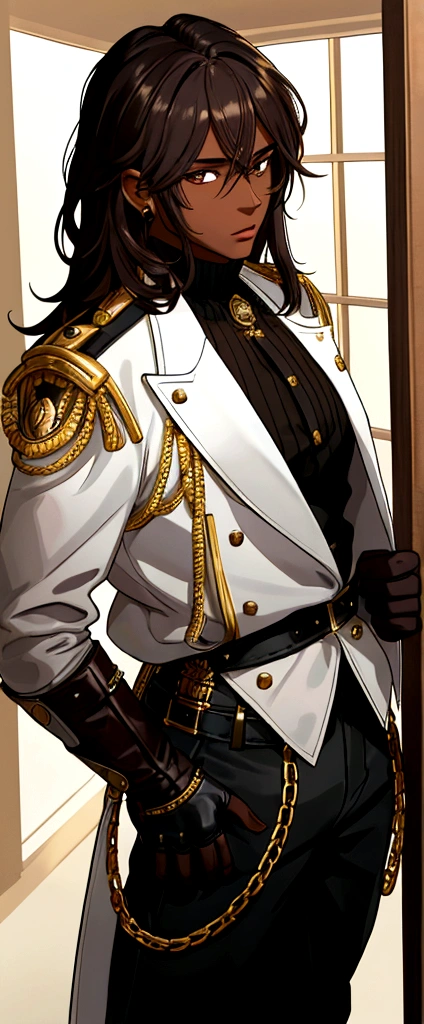 boy, darkskin, dark brown hair and white bangs, messy hair, wide black pants with gold details, black fitted blouse, leather gloves.