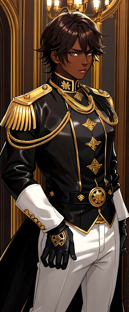 boy, darkskin, dark brown hair and white bangs, messy hair, wide black pants with gold details, black fitted blouse, leather gloves. 