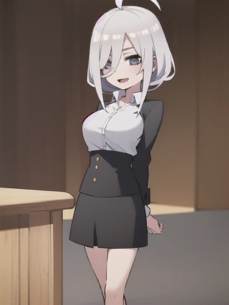 ((masterpiece, best quality)), (1girl), (solo), (female focus), (ahoge, white hair, short hair), black eyes, light smile, open mouth, ((white shirt), (buttoned shirt), (button gap)), ((black skirt), (short skirt)), standing, white background, arms behind back, dynamic angle