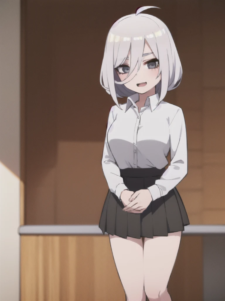 ((masterpiece, best quality)), (1girl), (solo), (female focus), (ahoge, white hair, short hair), black eyes, light smile, open mouth, ((white shirt), (buttoned shirt), (button gap)), ((black skirt), (short skirt)), standing, white background, arms behind back, dynamic angle