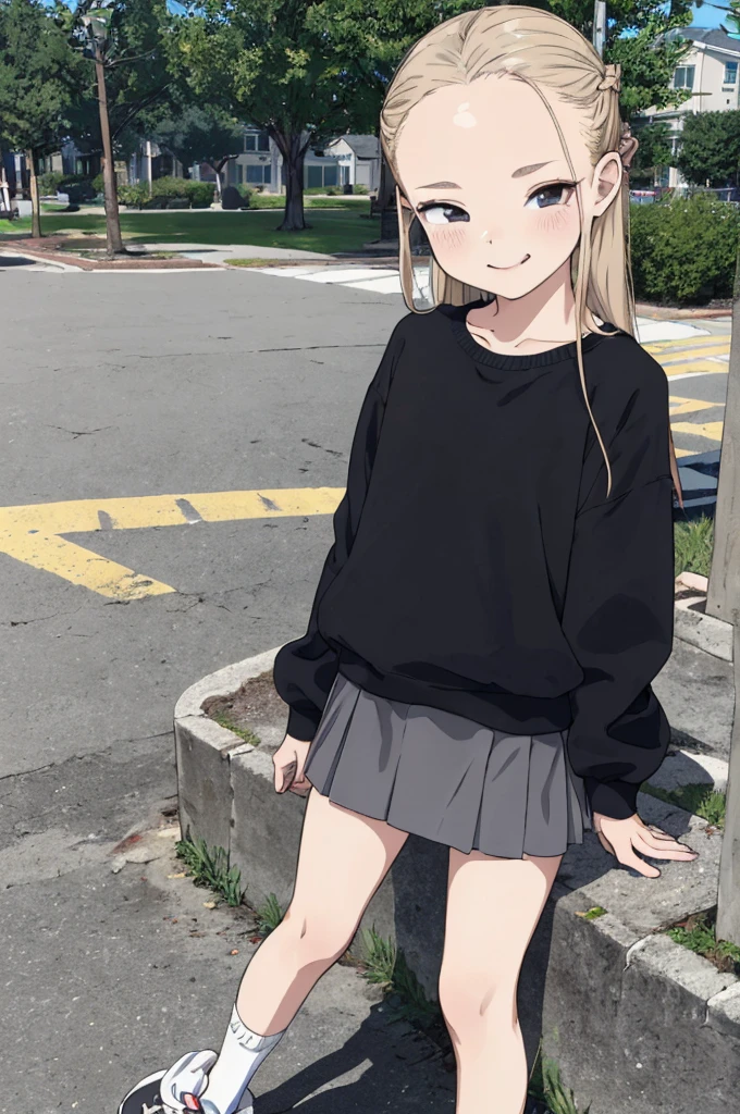 best quality, masterpiece, detailed,2d,flat color, 1girl,,petit,,outdoor,(short miniskirt),blonde,long hair,forehead,socks,,shoes