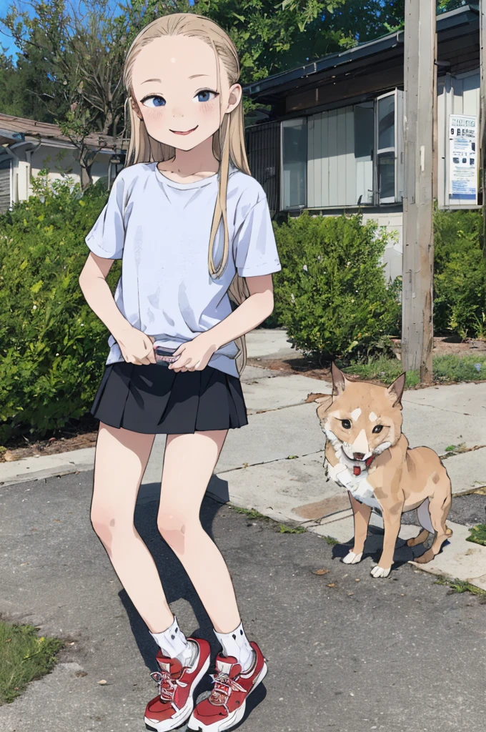 best quality, masterpiece, detailed,2d,flat color, 1girl,,petit,,outdoor,(short miniskirt),blonde,long hair,forehead,socks,,shoes