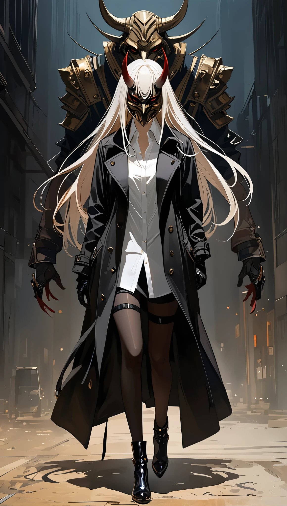 in style of Ashley Wood,in style of Santiago Caruso,
((masterpiece, best quality)),(illustration),(detailedLight),((Extremely exquisite and beautiful)),1 Girl,Black long trench coat,White shirt,Long hair,Silver long hair,Dark shadows,oni_mask,vivid color，