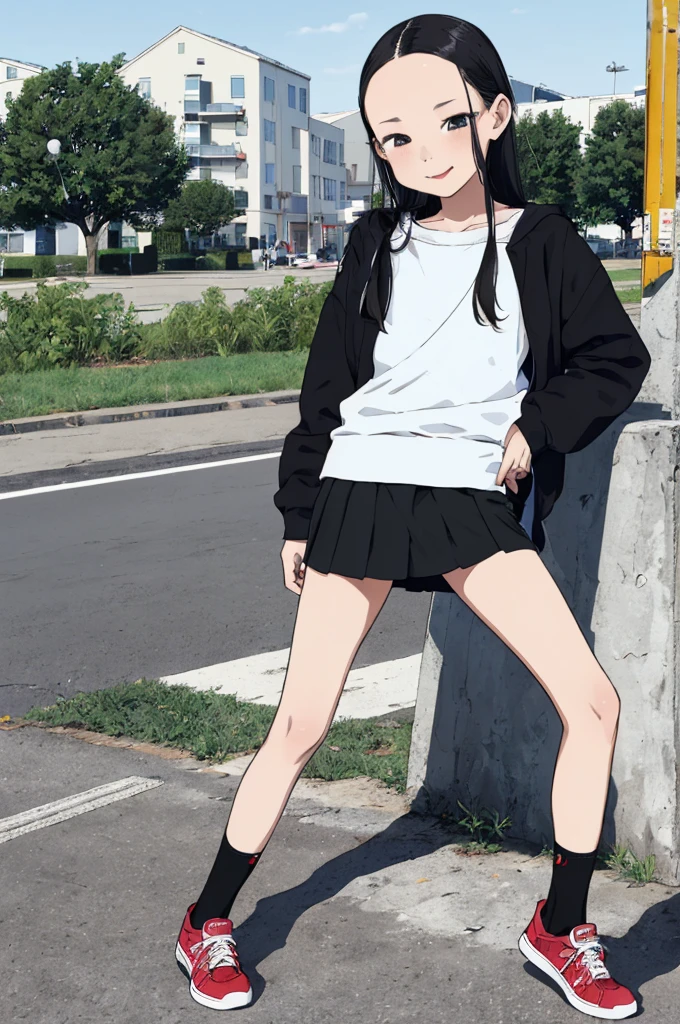 best quality, masterpiece, detailed,2d,flat color, 1girl,yo,petit,,outdoor,(short miniskirt),black hair,long hair,forehead,socks,,shoes