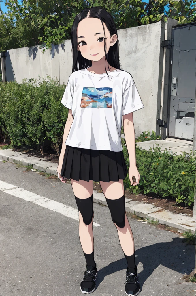 best quality, masterpiece, detailed,2d,flat color, 1girl,,petit,,outdoor,(short miniskirt),black hair,long hair,forehead,socks,,shoes