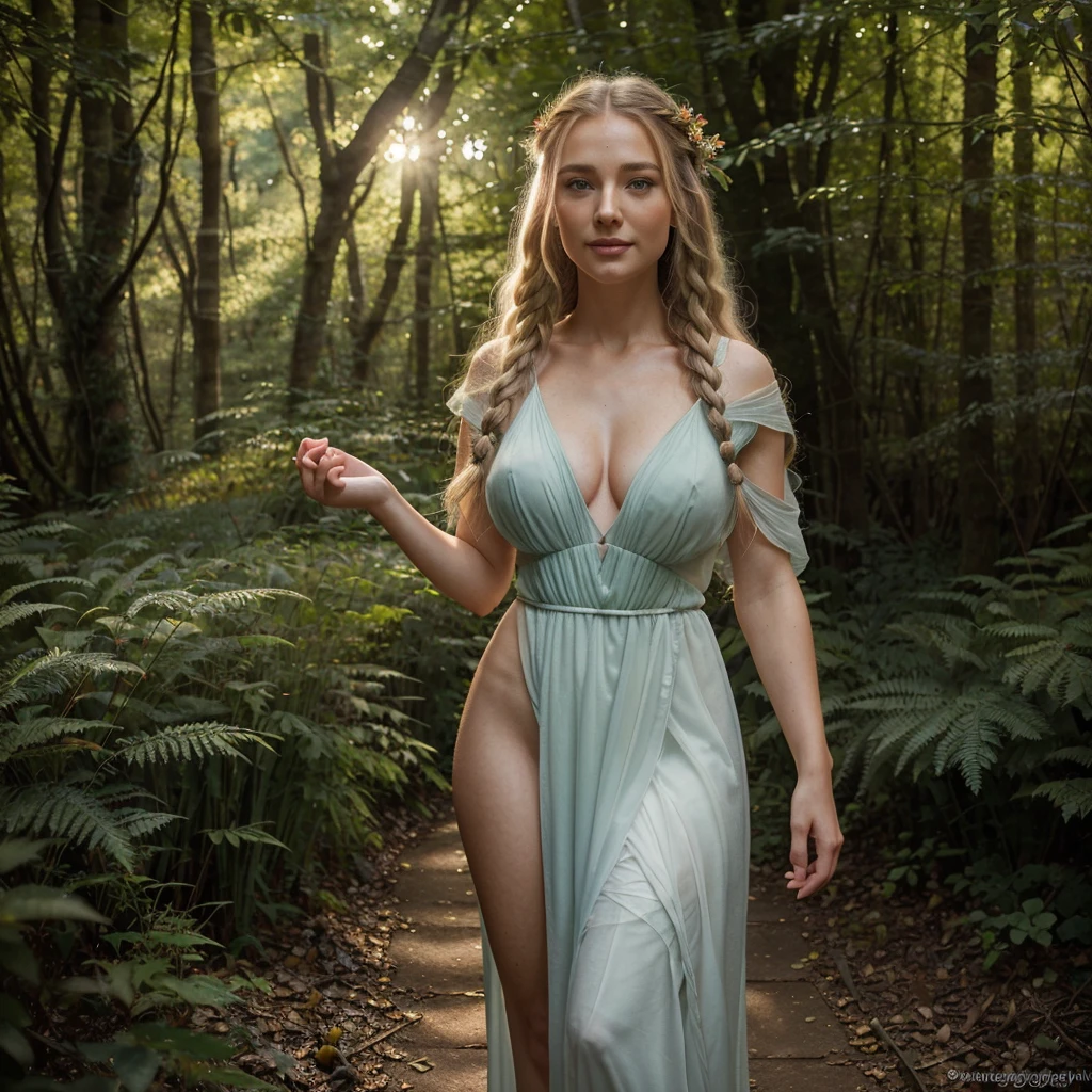 (detailed face, detailed eyes, clear skin, clear eyes), lotr, fantasy, elf princess, female, full body, large breasts,  looking at viewer,  sunset light.  photography, detailed skin, realistic, photo-realistic, 8k, highly detailed, full length frame, High detail RAW color art, piercing, diffused soft lighting, shallow depth of field, sharp focus, hyperrealism,  ((She stands in lotr Lothlorien forest. Very tall vegetation. Tall grass.  Colorful flowers)).  Dense forest floor vegetation.  Ferns,  shrubs,  tall grass.   She is wearing an elegant white sheer elf dress.  Misty background.  Long blond braided hair.    smile.  happy.   Blue eyes. 