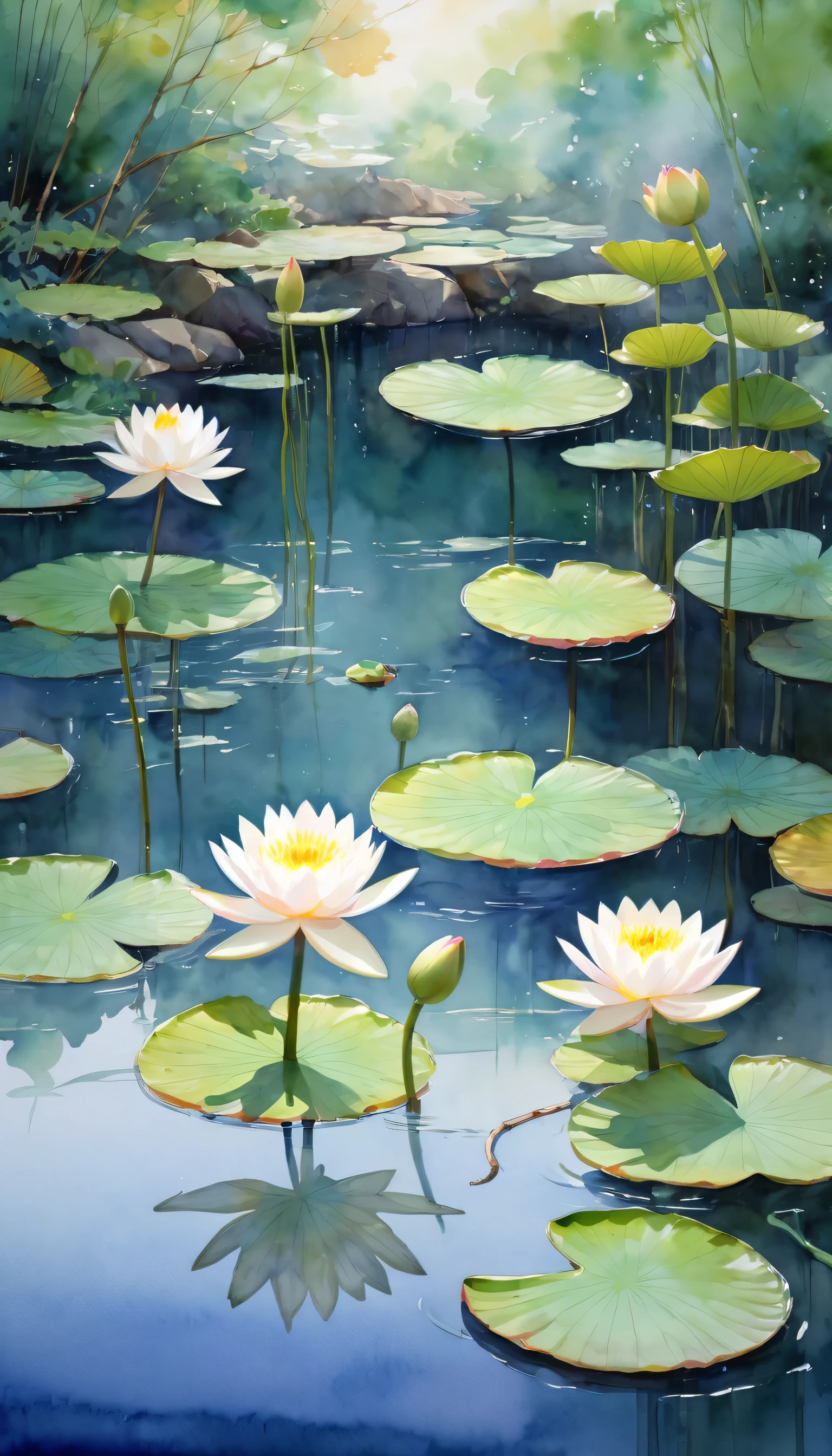 on the screen, Light Farbeed water lily leaves and flowers swaying in the water, Interweaving of light and shadow，Create a peaceful picture. This work not only shows Monet&#39;s superb skills, It also conveys his love and admiration for nature and life.,waterFarbe, landscape, plan, work, sketch, Sky, wash, Mountains, hills, distance, prospect, Trees, bush, rock, detail, emphasize, dry, Final appearance, Farbe, technology, Farbe组合, creativity, (masterpiece, best quality:1.2)
