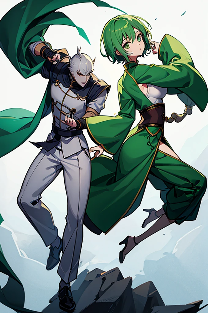 Green Hair、Her hair is short、small breast、upright stance、full body、Fighter、male、Uniform、Chinese Knight、Chinese style、White background、No exposure、China dress、pants、band、front、White clothes、Kung Fu、slender