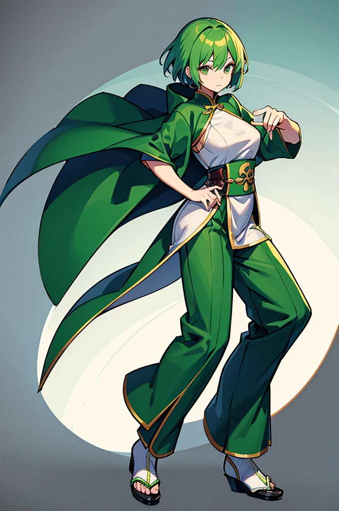 Green Hair、Her hair is short、small breast、upright stance、full body、Fighter、male、Uniform、Chinese Knight、Chinese style、White background、No exposure、China dress、pants、band、front、White clothes、Kung Fu、slender