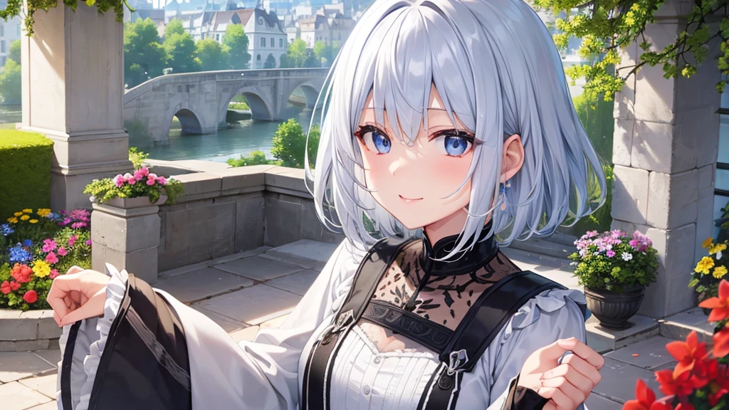 Ultra HD,Look at the viewers, Put your hands behind your back, With a girl, 20-year-old, 非常にShort Hair, Long bangs between the eyes, Pale blue eyes, hoodie, skirt , Very detailed,(masterpiece、Highest quality),Gray Hair、Laughter、Fantastic, Silver Hair, Iris,  Short hair、 Fluttering Hair、Small Face、明るいsmile、(Detailed face) ,Professional Lighting,Wonderful landscape,blue sky, sunlight,Looking down from above,Portraiture、Open your mouth、Flower Field、Her eyes were shining、Mysterious and enchanting atmosphere。With AI Painting、とてもShort Hair, Long bangs between the eyes, Very detailed,(masterpiece、Highest quality)、alone、Gray Hair、Fantasy, Silver Hair, Fantasyな風景、White shirt、smile、Open your mouth、short hair、Short Hair、hairpin、black eye、Grey Eyes、Beautiful Eyes、