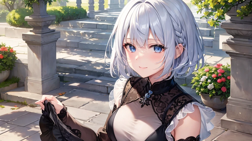 Ultra HD,Look at the viewers, Put your hands behind your back, With a girl, 20-year-old, 非常にShort Hair, Long bangs between the eyes, Pale blue eyes, hoodie, skirt , Very detailed,(masterpiece、Highest quality),Gray Hair、Laughter、Fantastic, Silver Hair, Iris, Short hair、 Fluttering Hair、Small Face、明るいsmile、(Detailed face) ,Professional Lighting,Wonderful landscape,blue sky, sunlight,Looking down from above,Portraiture、Open your mouth、Flower Field、Her eyes were shining、Mysterious and enchanting atmosphere。With AI Painting、とてもShort Hair, Long bangs between the eyes, Very detailed,(masterpiece、Highest quality)、alone、Gray Hair、Fantasy, Silver Hair, Fantasyな風景、White shirt、smile、Open your mouth、short hair、Short Hair、hairpin、black eye、Grey Eyes、Beautiful Eyes、
