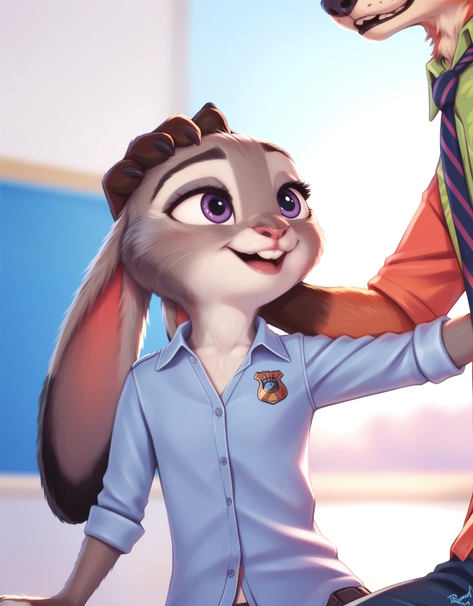 female,  judyhopps, ((slim judy hopps)), (Nick Wilde), (wear shirt and bottomless), (front view), (tail) (cinematic lighting), backlighting, (shaded), detailed background, by dagasi, (by personalami), [by Ruan Jia],, (duo), male, photorealistic, hyperrealistic, (hand on head:1.1), 