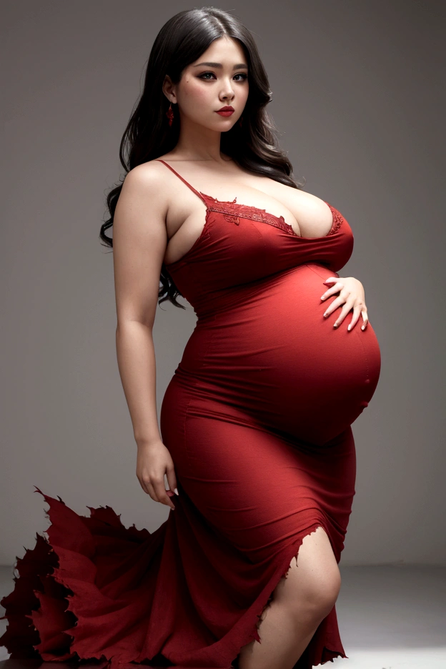Sexy pregnant, big , big belly, Wear torn red dress, fates movement