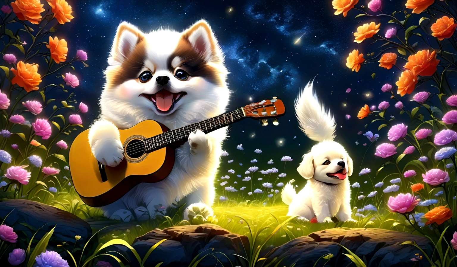 Anime Dog ,play the guitar,Are crying,In the beautiful nature at night,Movies focusing on dogs, Dynamic pose, Dynamic Background, Dynamic configuration, Dynamic Lighting, Realistic proportions, High resolution, Ray Tracing, Very detailed, Super detailed, Intricate details, Very detailed雰囲気, Very detailedテクスチャ.
