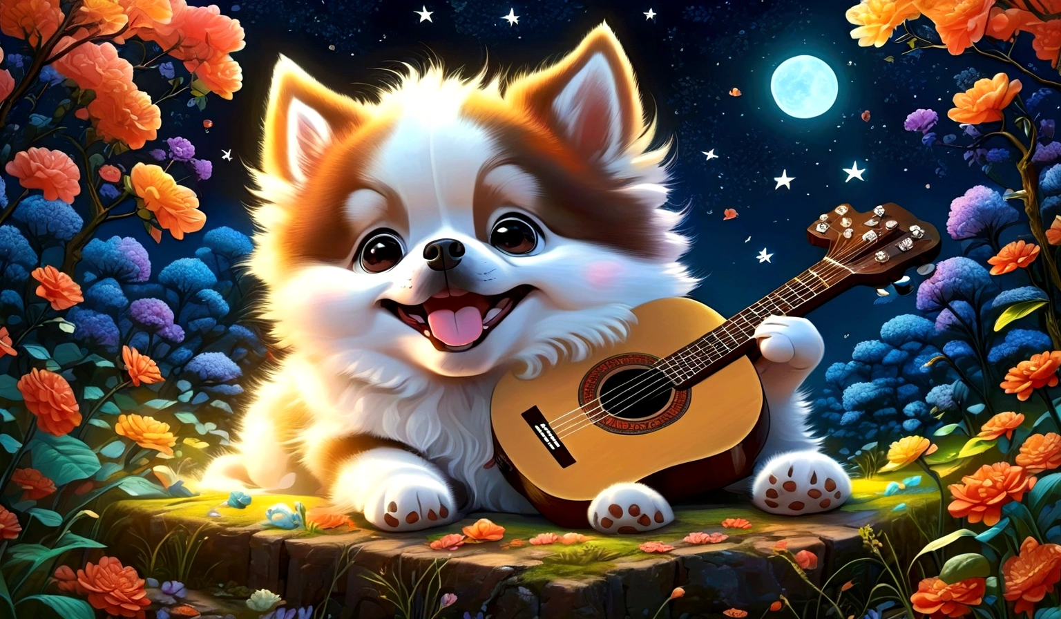 Anime Dog ,play the guitar,Are crying,In the beautiful nature at night,Movies focusing on dogs, Dynamic pose, Dynamic Background, Dynamic configuration, Dynamic Lighting, Realistic proportions, High resolution, Ray Tracing, Very detailed, Super detailed, Intricate details, Very detailed雰囲気, Very detailedテクスチャ.