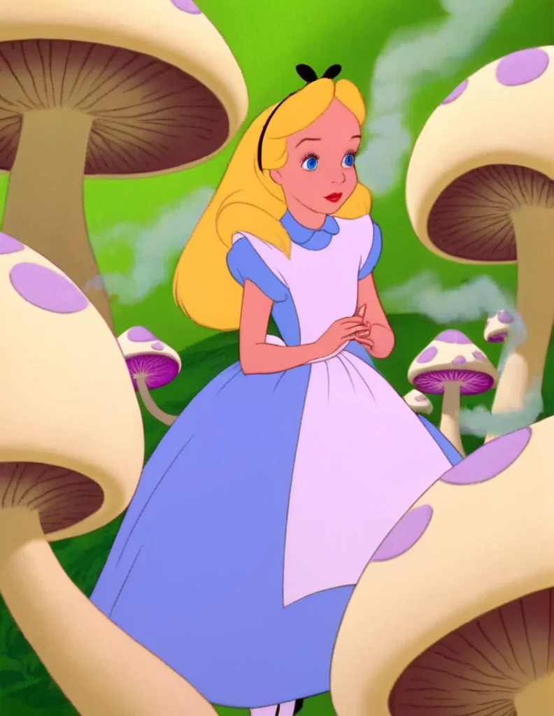 wxaliwonlan,1girl,solo,long hair,blue eyes,blonde hair,dress, surrounded by large-mushrooms, (green) and (purple) smoke alice (alice in wonderland:1.12),disney cartoon,masterpiece,best quality,(intricate details),highly detailed eyes ,dynamic pose, high saturation high quality (masterpiece) sharp lines,