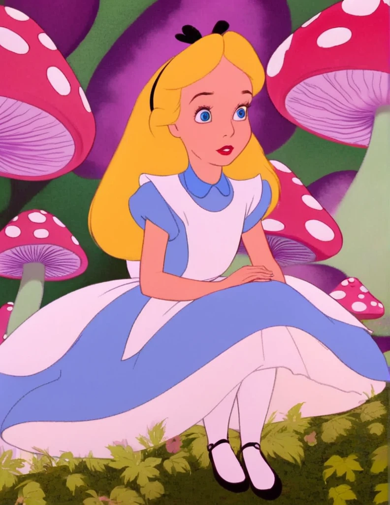 wxaliwonlan,1girl,solo,long hair,blue eyes,blonde hair,dress, surrounded by large-mushrooms, (green) and (purple) smoke alice (alice in wonderland:1.12),disney cartoon,masterpiece,best quality,(intricate details),highly detailed eyes ,dynamic pose, high saturation high quality (masterpiece) sharp lines,