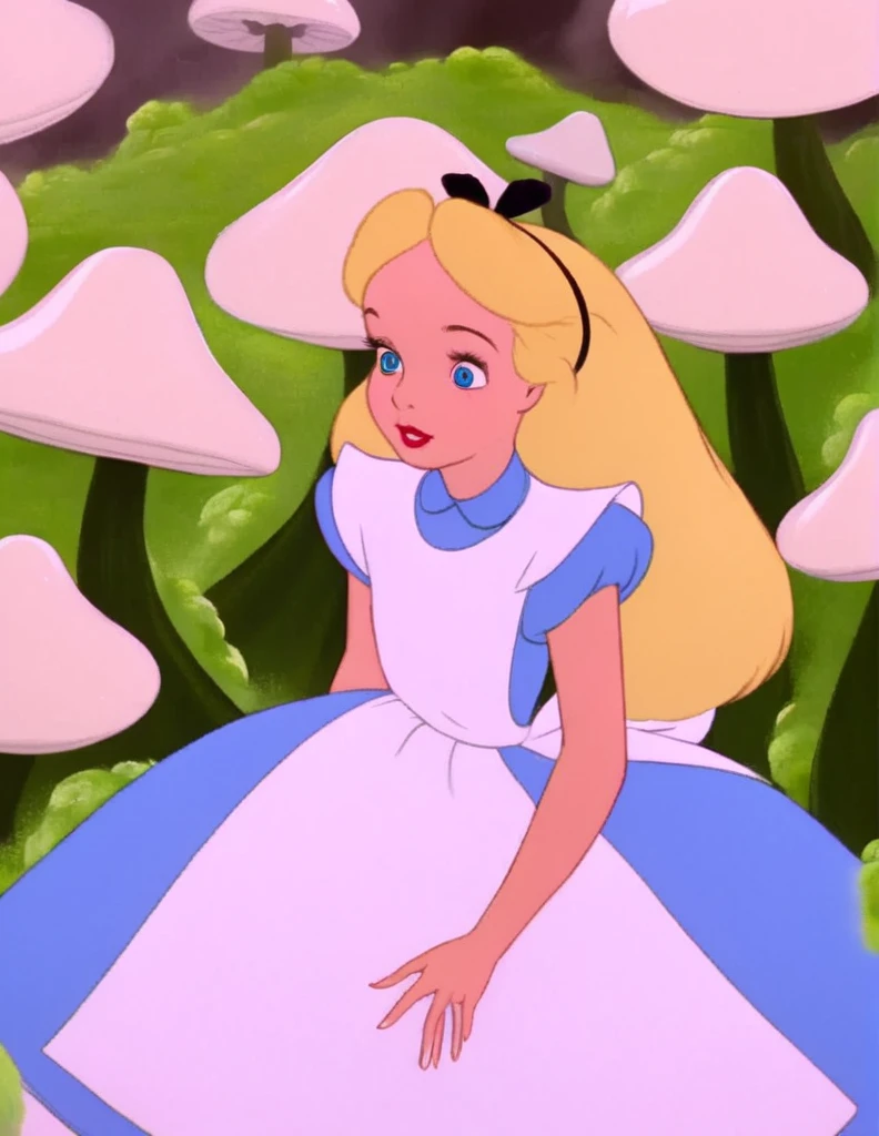 wxaliwonlan,1girl,solo,long hair,blue eyes,blonde hair,dress, surrounded by large-mushrooms, (green) and (purple) smoke alice (alice in wonderland:1.12),disney cartoon,masterpiece,best quality,(intricate details),highly detailed eyes ,dynamic pose, high saturation high quality (masterpiece) sharp lines,