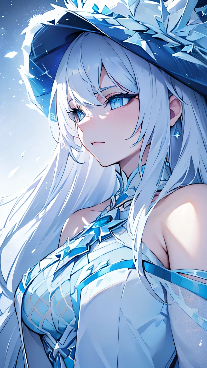 ((best quality)), ((masterpiece)), (detailed), 1girl, best quality, face focus, soft light, detailed face, detailed eyes, ultra high res, Ice queen, snowstorm, diamond dust, cold eyes, freezing air, pale blue dress, white hair, cowboy shot