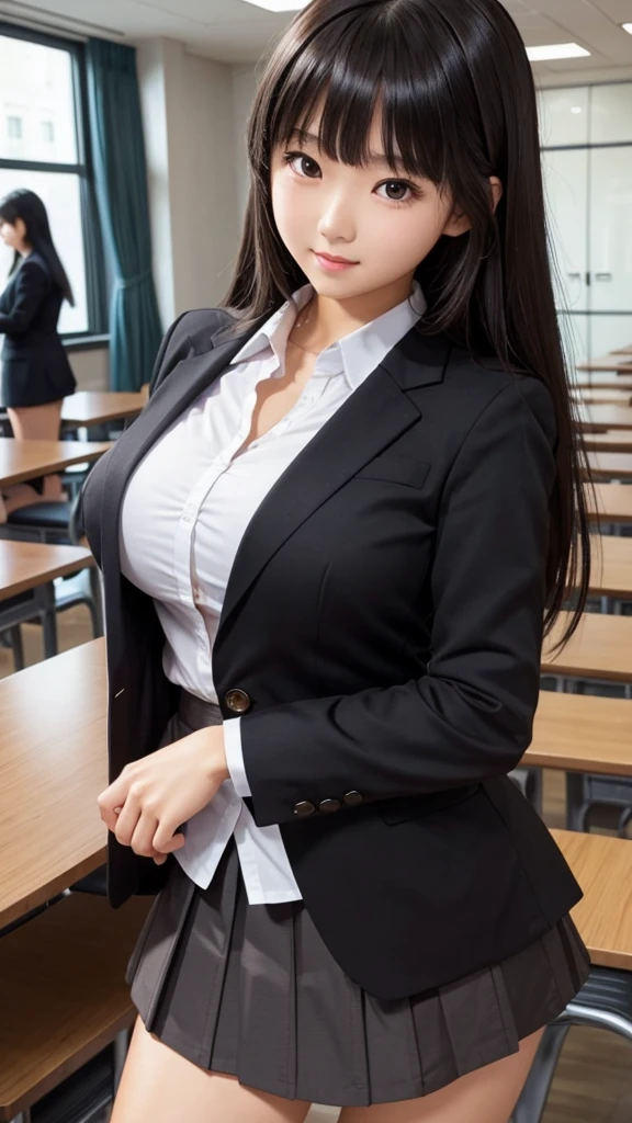 ((Tabletop)), (Detailed face), (highlight), Asian Girl、Big breasts、thigh、Black Hair、Heavy bangs、high school girl、skirt、blazer、Support your chest with your arms、